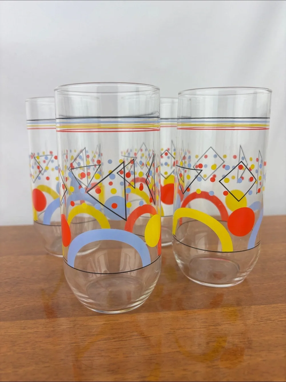 Vintage retro 80s Memphis geometric primary colors drinking glasses set of four